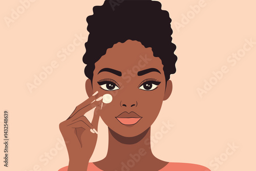 African woman tapping eye cream under eyes with ring finger, skincare awareness vector illustration