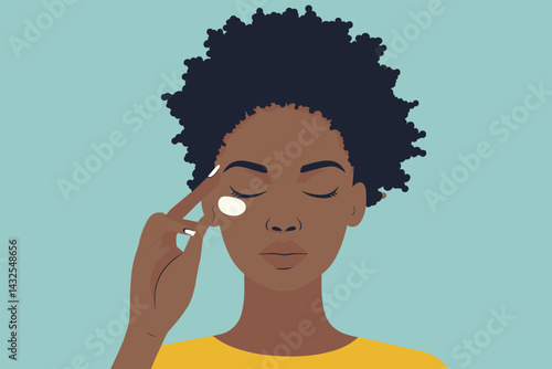 African woman tapping eye cream under eyes with ring finger, skincare awareness vector illustration