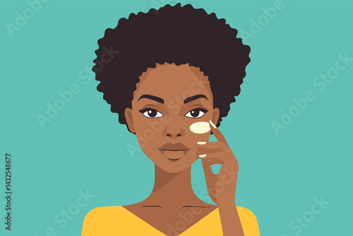 African woman tapping eye cream under eyes with ring finger, skincare awareness vector illustration