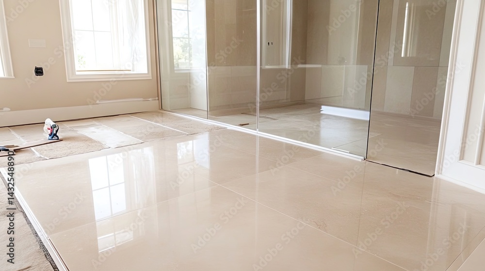 Fototapeta premium Frameless glass partition being leveled on tiled bathroom floor