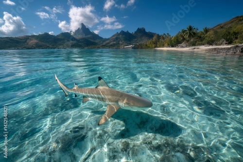 Blacktip reef shark swimming in crystal clear Bora Bora lagoon