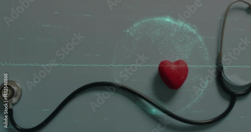 Health monitoring being animated in flat design, featuring stethoscope, red heart, ECG, data globe
