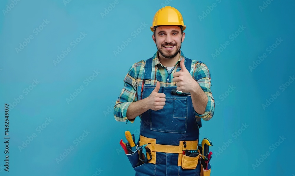 a worker wearing a helmet and tool belt gave a thumbs up a worker wearing a helmet and tool belt gave a thumbs up