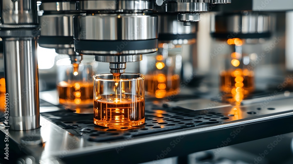 Automated Industrial Liquid Filling Machine Dispensing Amber Fluid into Glass Containers Automated Industrial Liquid Filling Machine Dispensing Amber Fluid into Glass Containers