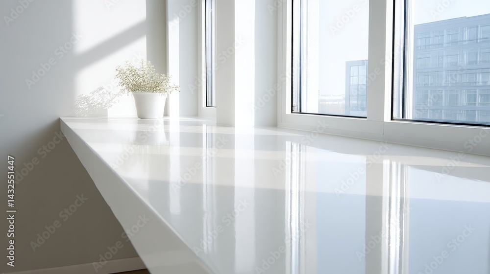 Fototapeta premium Bright and airy modern interior with a sleek white table and large windows showcasing natural light and minimalistic decor, perfect for a contemporary design concept