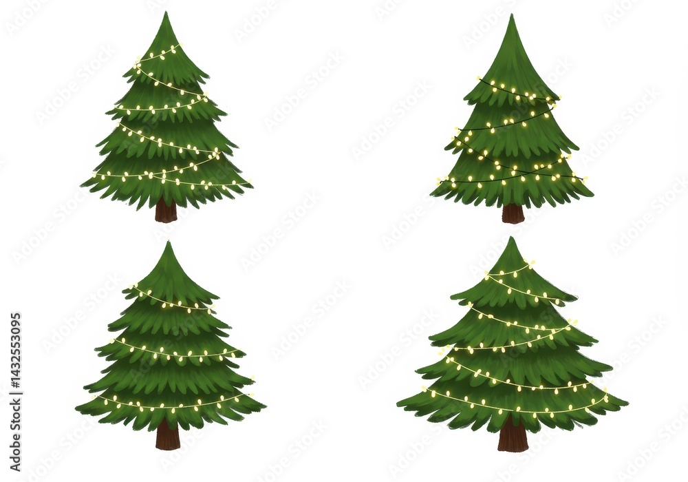 A set of four christmas trees decorated with string lights on a white background, festive and bright A set of four christmas trees decorated with string lights on a white background, festive and bright