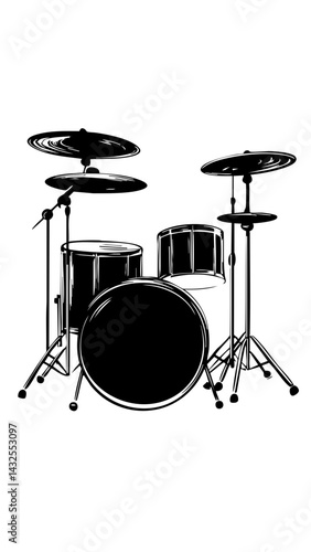 Black and White Illustration of a Drum Set with Cymbals and Stands
