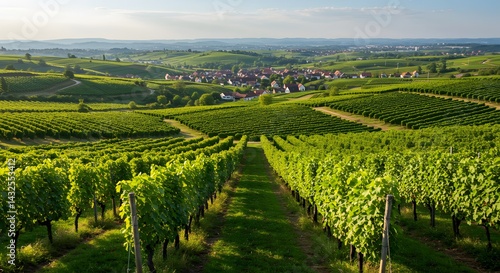 Wallpaper Mural Picturesque Vineyard Landscape in Rural France: Rolling Hills, Lush Green Vines, and a Charming Village Torontodigital.ca