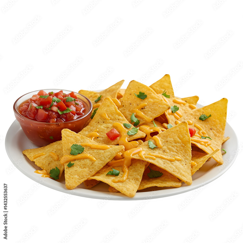 Nachos with salsa presented on a white plate Nachos with salsa presented on a white plate