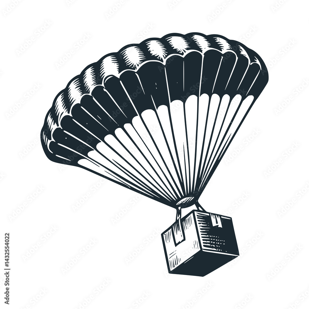 Obraz premium Floating Delivery: Package Box Descending with a Parachute – Black and White Icon Vector and Illustration