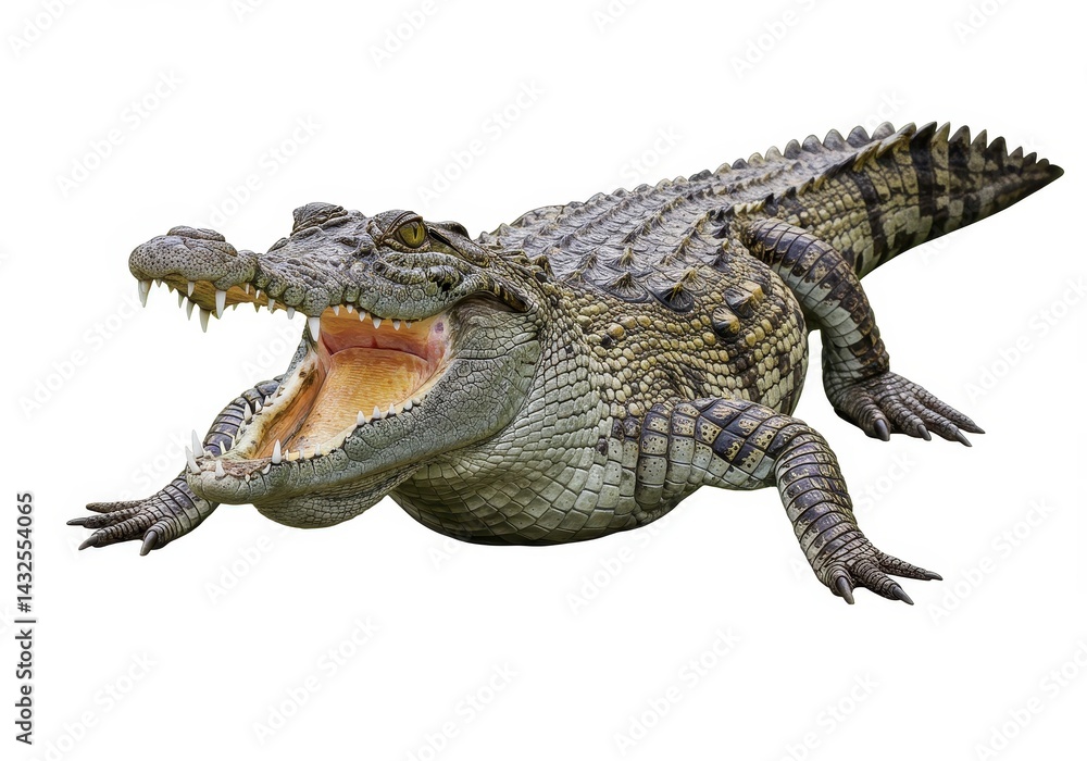 Fototapeta premium A full body shot of an alligator with its mouth open wide showing its teeth on a white background