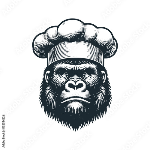 Stoic Gorilla Chef: A Primate with a Cold Culinary Demeanor – Black and White Icon Vector and Illustration