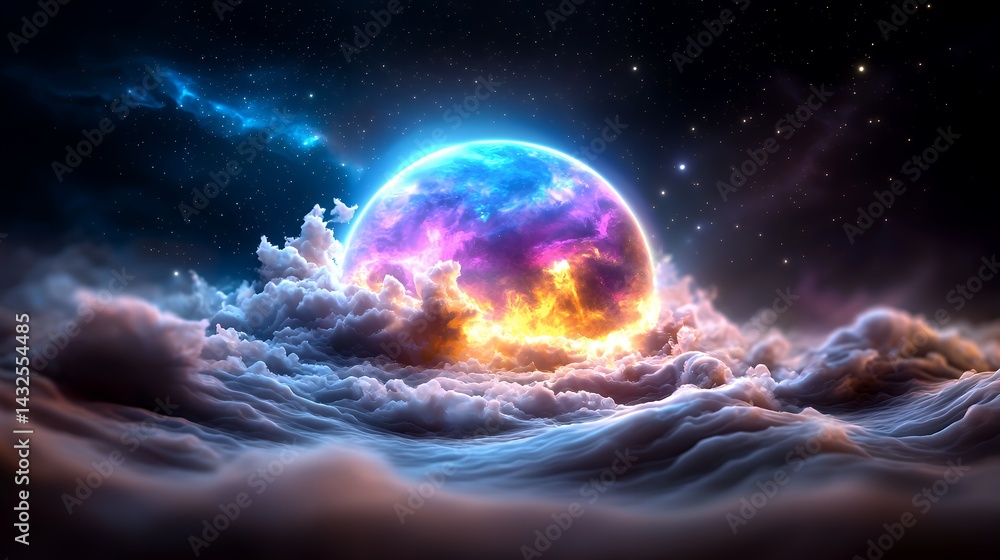 Fototapeta premium Cosmic sphere above the clouds at night