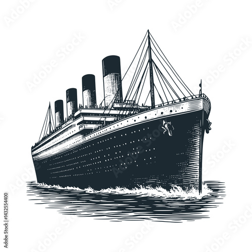 Grand Ocean Liner Sailing the Vast Ocean – Black and White Icon Vector and Illustration