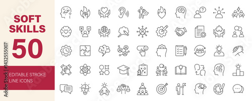 Soft Skills icon set. Containing communication, empathy, leadership, enthusiasm, confidence, growth, creativity, teamwork, emotional, personality and more. Editable line icons. Vector illustration.