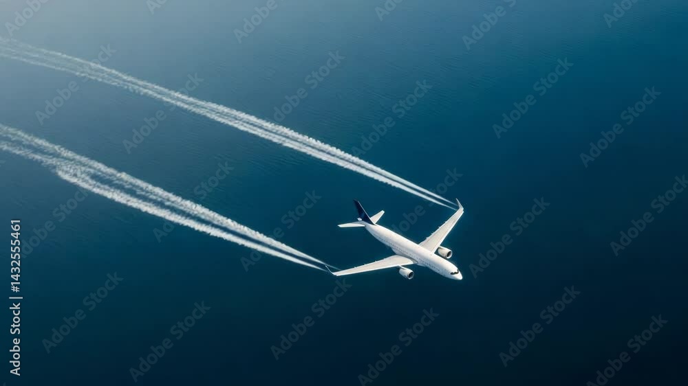 Airplane flying over the ocean leaving contrails in the sky Airplane flying over the ocean leaving contrails in the sky
