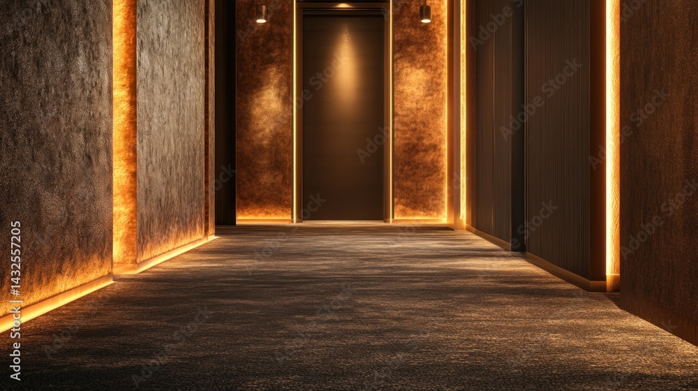 Fototapeta premium Modern hotel hallway with warm lighting and textured walls