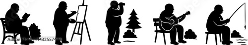 Silhouettes of Senior Wellness Activities. A series of silhouettes depicting a person engaging in various leisurely activities: reading, painting, photography, playing guitar, and fishing.