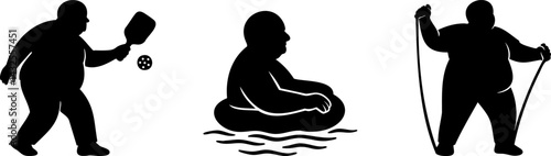 Silhouettes of Senior Wellness Activities. A playful illustration showing a progression of a person"s activities: relaxing in water, playing with a ball, and walking with a cane.