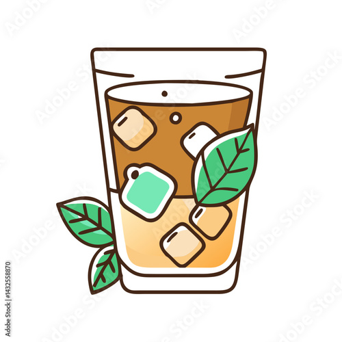 Iced Tea With Mint Leaves, Cartoon-Style Illustration on Black