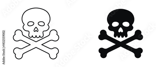 Minimalist skull and crossbones vector icons, black and white pirate jolly roger symbols, toxic warning sign illustrations for hazard labels, human cranium and bone silhouettes in EPS format.