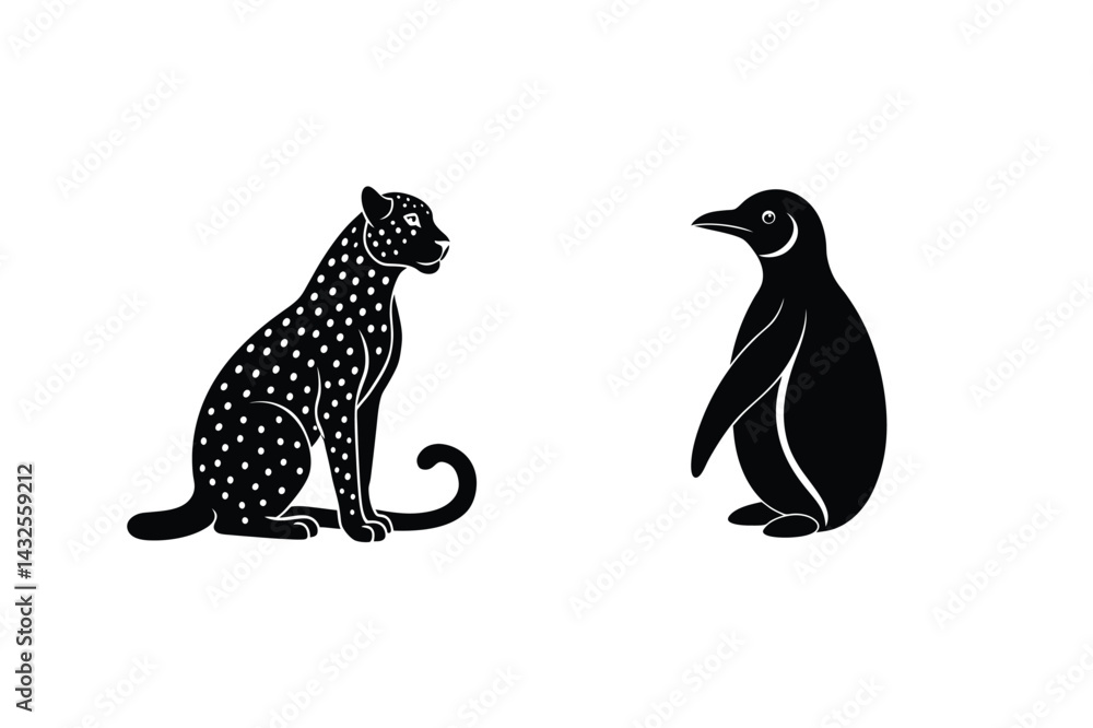 Naklejka premium Leopard And Penguin Staring At Each Other In Silhouette Style Illustration