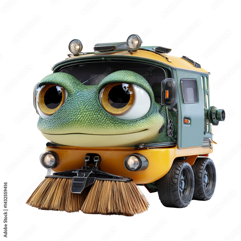 Adorable Froggy Street Sweeper 3D Render of a Cute Amphibian Cleaning Vehicle Adorable Froggy Street Sweeper 3D Render of a Cute Amphibian Cleaning Vehicle