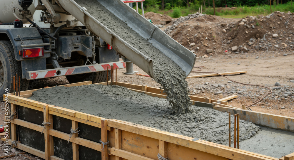 Concrete mixer truck pouring fresh cement into wooden formwork at construction site. Gray wet concrete flowing from chute into foundation mold. Building foundation preparation and construction process Concrete mixer truck pouring fresh cement into wooden formwork at construction site. Gray wet concrete flowing from chute into foundation mold. Building foundation preparation and construction process