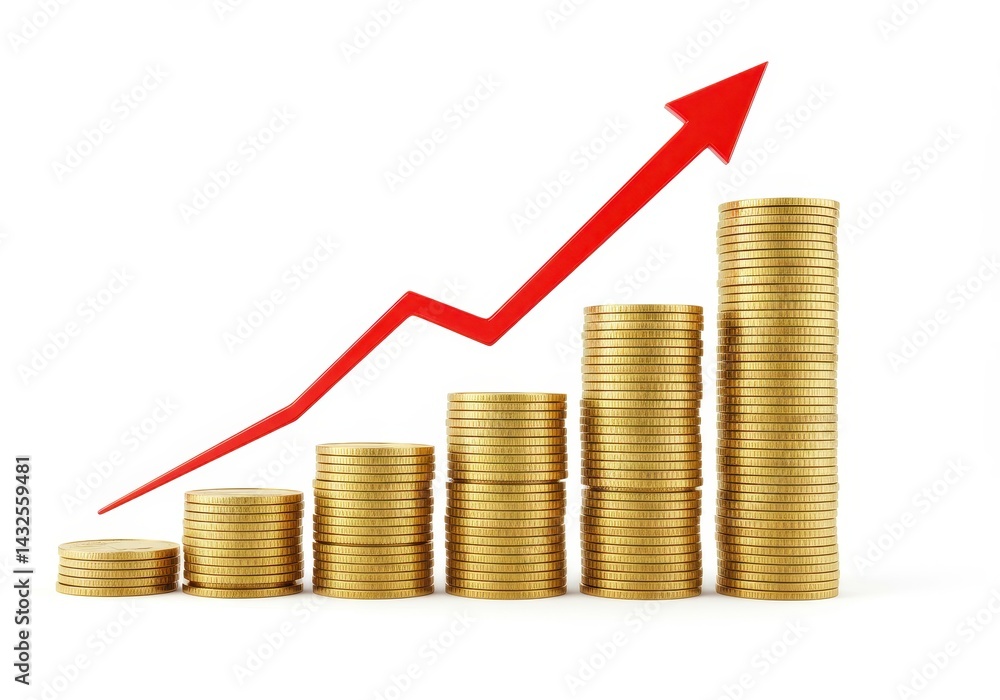 Stacks of gold coins with a red arrow pointing upwards on a white background showing growth concept Stacks of gold coins with a red arrow pointing upwards on a white background showing growth concept