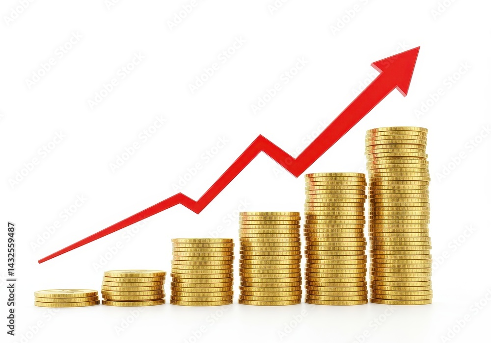 Stacks of golden coins increasing with a red arrow pointing upwards on a white background image Stacks of golden coins increasing with a red arrow pointing upwards on a white background image