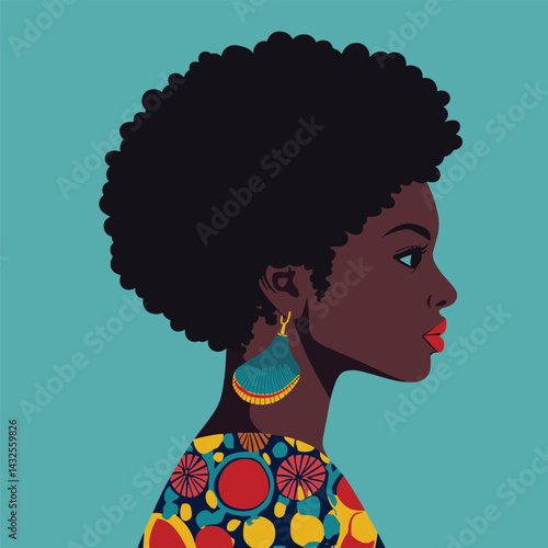 African woman with curly tapered afro cut, bold earrings and patterned top vector illustration