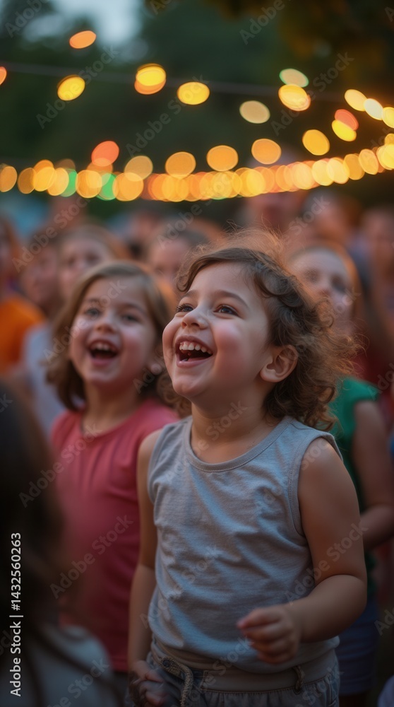 Fototapeta premium Joyful young children laughing at outdoor evening festival