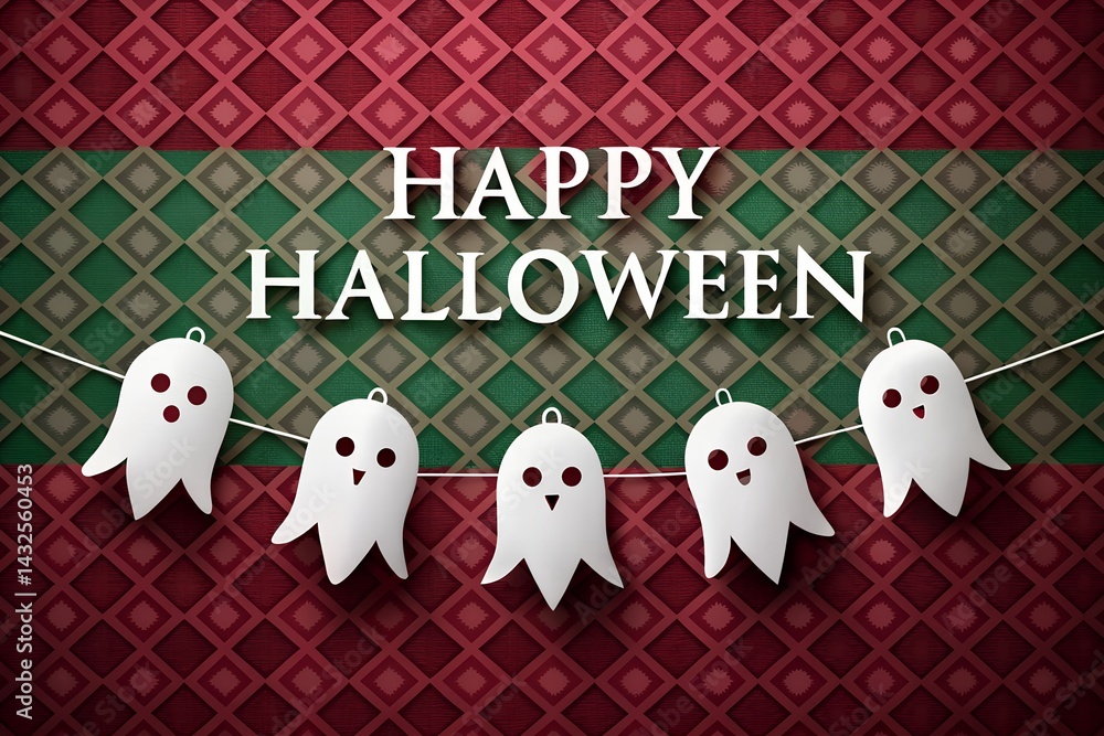 Cheerful Halloween greeting with cute ghost garland, festive red and green diamond backdrop, and bold “Happy Halloween” text for seasonal celebration decor.