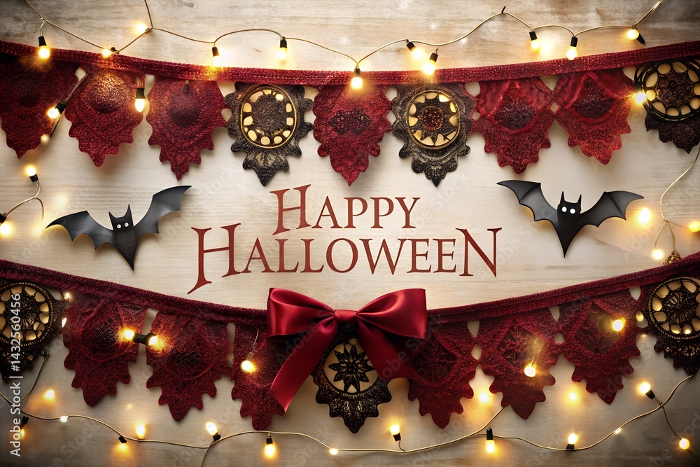 Elegant Halloween banner with gothic red lace, glowing string lights, bats, gears, and a bold “Happy Halloween” message tied together with a festive red bow.