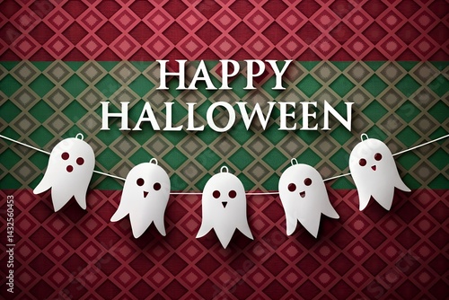 Obraz na płótnie Cheerful Halloween greeting with cute ghost garland, festive red and green diamond backdrop, and bold “Happy Halloween” text for seasonal celebration decor. w salonie