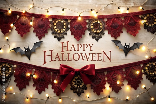 Obraz na płótnie Elegant Halloween banner with gothic red lace, glowing string lights, bats, gears, and a bold “Happy Halloween” message tied together with a festive red bow. w salonie