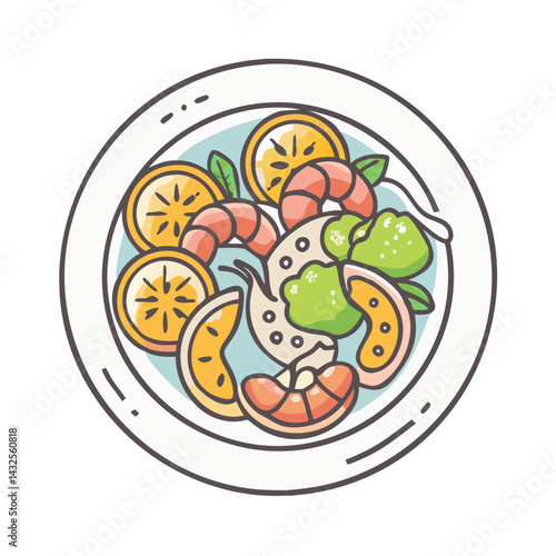 Delicious Shrimp Ceviche with Citrus and Avocado Cartoon