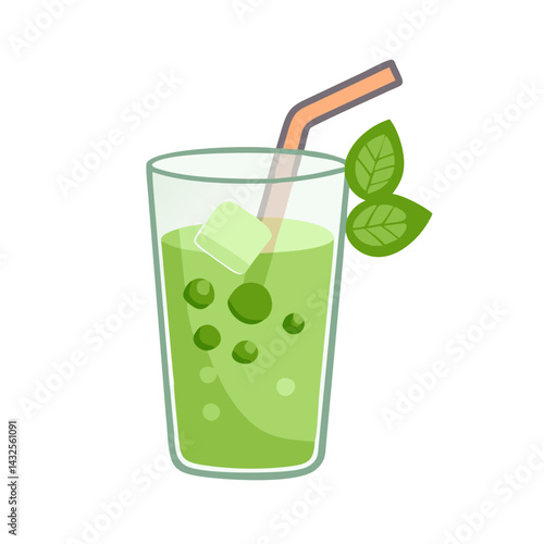 Refreshing Green Drink with Ice and Basil Illustration
