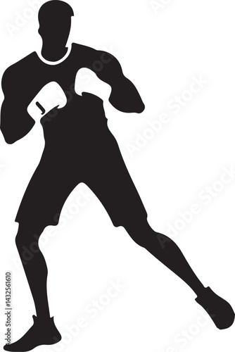 Silhouette of Male Boxer in Fighting Stance with Gloves Black and White Sports Art