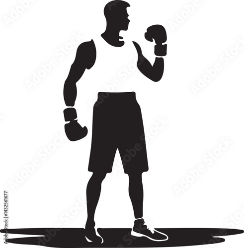 Silhouette of Male Boxer in Fighting Stance with Gloves Black and White Sports Art