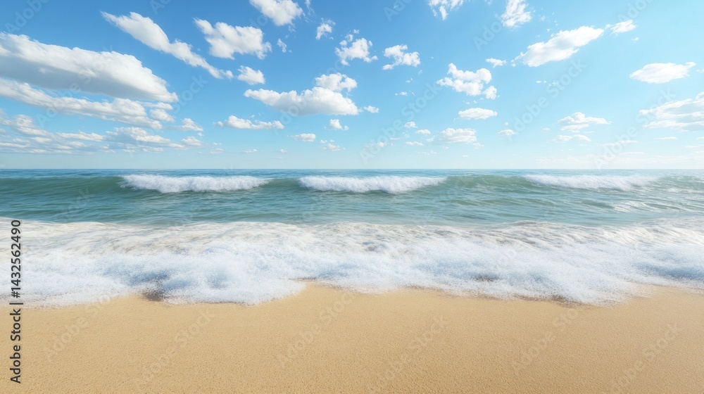Fototapeta premium Serene seascape featuring gentle waves washing ashore on a sandy beach under a bright blue sky dotted with fluffy white clouds creating calmness