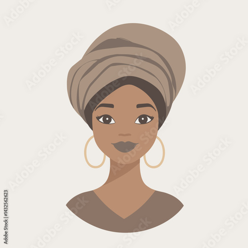 African woman with full headwrap and hoop earrings vector illustration