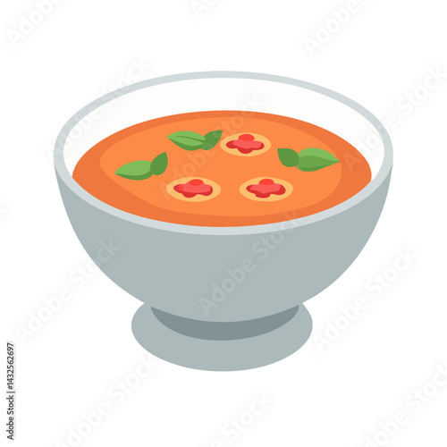 Tomato soup with basil in a bowl, isolated