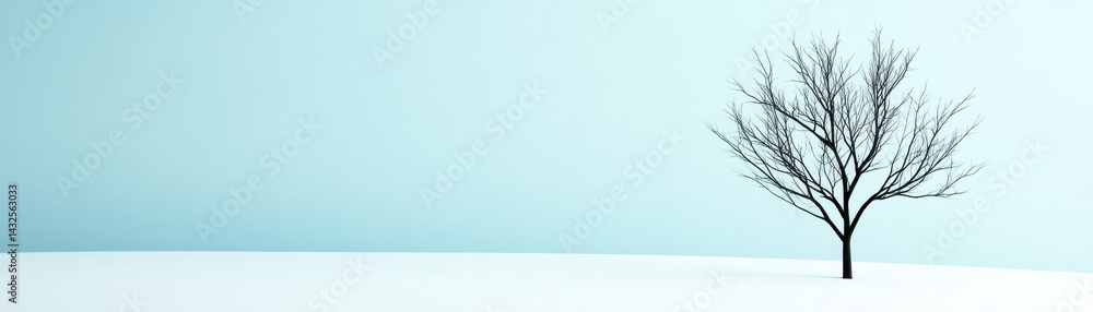 Obraz premium serene winter landscape featuring single bare tree against soft blue sky evokes sense of calm and tranquility