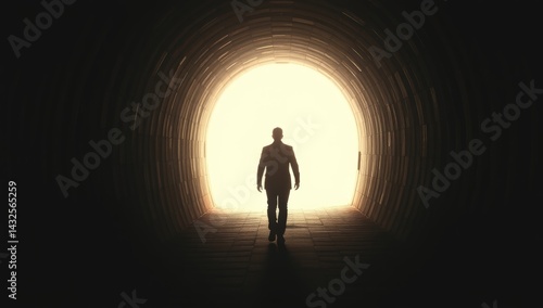 Silhouette of a man approaching light in a dark tunnel, symbolizing hope and renewal
