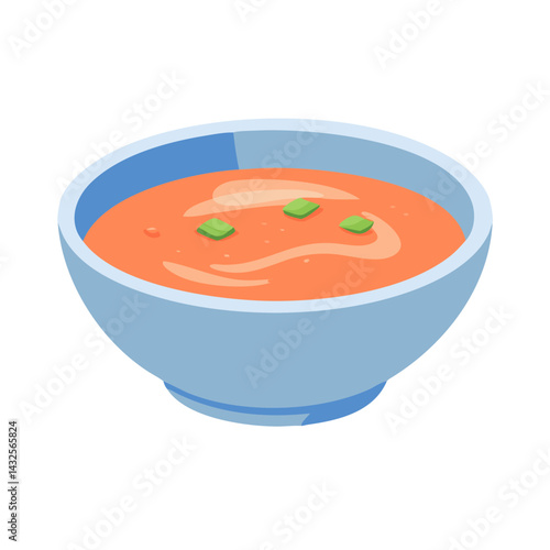 Isometric bowl of orange soup with green garnish