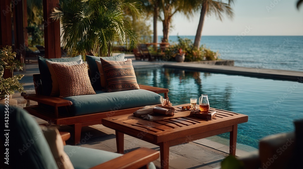 Fototapeta premium Peaceful luxury poolside lounge at tropical beachfront resort