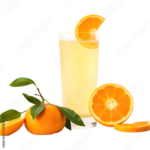 Refreshing orange juice in a tall glass, garnished with an orange slice.  Served alongside fresh oranges.
