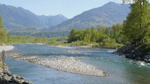 Chilliwack River as seen from the Vedder Rotary Trail North during a spring season in Chilliwack, Fraser Valley, British Columbia, Canada