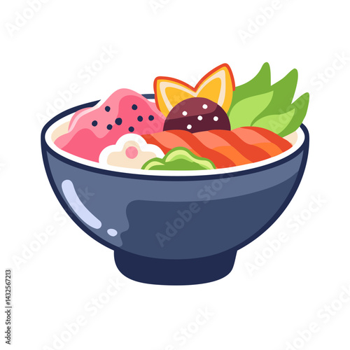 Cartoon Style Colorful Poke Bowl Illustration on Black